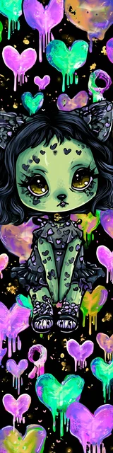 Free kawaii cats bookmark featuring a Halloween slime cat with pink and blue hearts